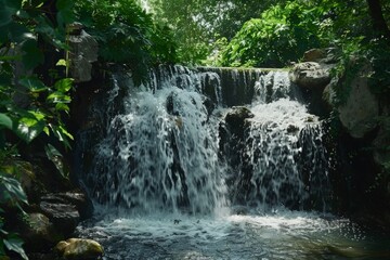 Poster - Small waterfall cascading over rocks in lush green forest