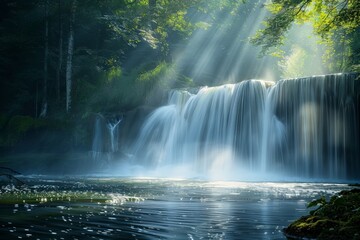 Poster - Sunlight shining through trees on waterfall cascading into blue river