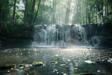 Poster - Sunlight shining through trees on waterfall cascading into river