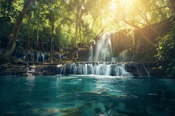 Poster - Sunlight illuminating waterfall cascading into tranquil pond in lush tropical forest