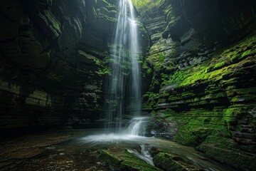 Poster - Waterfall cascading down moss covered rocks in secluded canyon