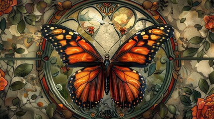 Vibrant Monarch Butterfly with Intricate Floral Background in Art Nouveau Style