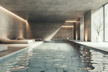 Poster - Modern indoor swimming pool reflecting sunlight in luxury spa