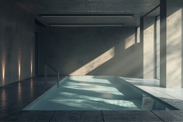 Poster - Minimalist indoor swimming pool casting light beams at dawn