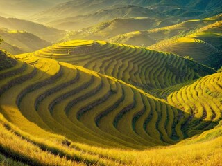 Wall Mural - a terraced field in northern vietnam in harvest season is stacked one on top of another, forming a b