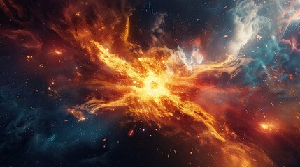 Wall Mural - A cosmic explosion background with bright bursts of light, energy waves, and vibrant colors.