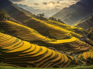 Wall Mural - a terraced field in northern vietnam in harvest season is stacked one on top of another, forming a b