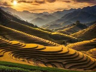 Wall Mural - a terraced field in northern vietnam in harvest season is stacked one on top of another, forming a b