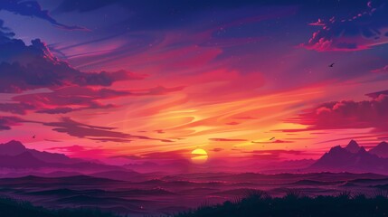 Wall Mural - Breathtaking Sunset Over Mountain Range and Ocean with Vibrant Colors and Silhouetted Clouds