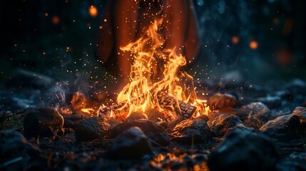 Poster - A Glowing Campfire in the Forest at Night