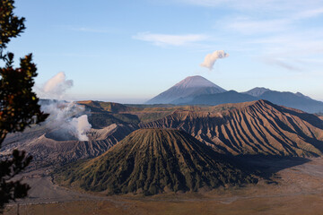 King kong hill view in Java island, Indonesia. Bromo volcano at the front, Semeru at the back. Amazing scenic viewpoint of east java volcanos. Beautiful landscape on holidays in Asia.