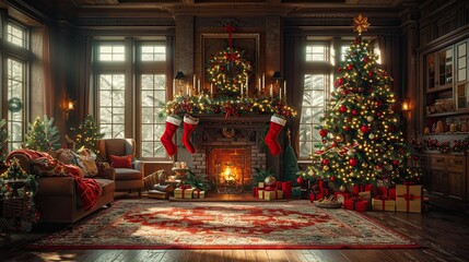 christmas scene with a beautifully decorated tree, presents, and a cozy living room with a fireplace