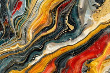Poster - An intricate fluid art piece featuring bold yellow and red accents amidst swirling patterns, offering a striking and energetic visual experience with captivating depth.