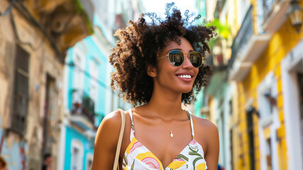 A cheerful woman with curly dark hair, wearing a colorful summer dress and sunglasses, enjoys a sunny day while exploring a vibrant, historic city street.