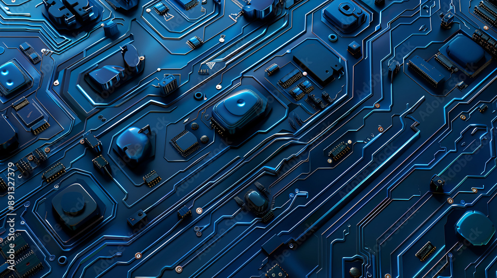Electronic Circuit Board Under Blue Light As The Technology Background