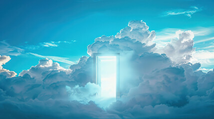 Wall Mural - A photograph of a door floating in the sky, with white clouds surrounding it, surreal and ethereal atmosphere