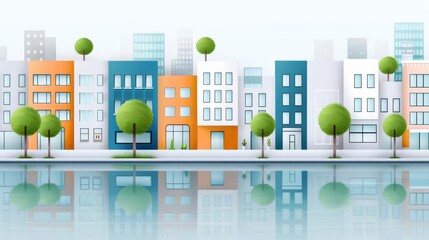 Urban riverbank, smooth water, flat design illustration