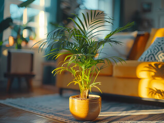 palm tree in the city, interior modern living room , sunlight 