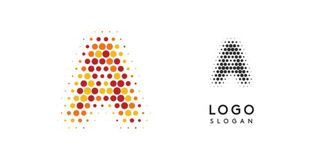 Aufkleber - Abstract letter A with halftone gradient. Vibrant red, orange, yellow dots forming letter shape for modern logo design, creative professional identity. Vector illustration