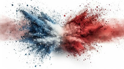 Wall Mural - Vivid explosion of red, white, and blue powder particles creating a dynamic and colorful abstract image on a white background.