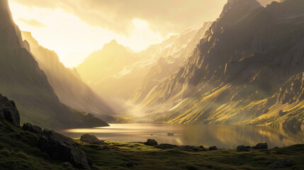 Wall Mural - Golden sunlight illuminates a serene mountain valley at dawn. Towering peaks guard a tranquil lake, casting long shadows across the landscape.