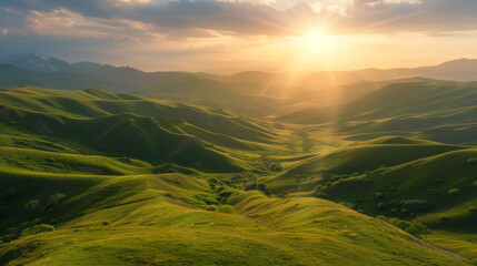 Wall Mural - Mesmerizing sunset view of lush green mountains and rolling hills. Capture the beauty of Gumbashi Pass in the North Caucasus region of Russia.