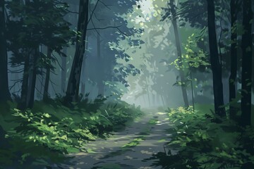 Aufkleber - A beautiful image of a sunlit forest pathway enveloped in lush greenery and misty light, capturing the essence of tranquility and nature's beauty, perfect for relaxation.