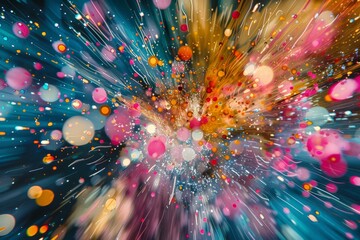 Aufkleber - An abstract image capturing a colorful particle explosion in a dynamic light burst, resembling a cosmic display with vibrant hues of yellow, blue, pink, and orange.