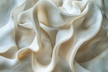 Poster - An image depicting abstract, fluid shapes in a creamy white color palette, featuring soft curves and folds reminiscent of fabric or liquid, creating a peaceful composition.