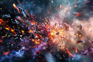 Poster - This image captures the moment of an explosion, with vivid colors, fragments, and light trails spreading outwards, creating a sense of energy and chaos.