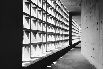 Aufkleber - This black and white image showcases a segmented concrete wall forming a grid pattern, which casts distinct shadows on the adjacent pathway in a modern architectural setting.