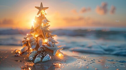 Wall Mural - a creative christmas tree made of seashells and starfish, illuminated by fairy lights, set on a sand