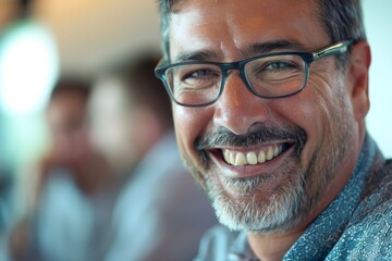 Fototapete - a professional setting featuring a blurred individual at a business meeting table, with colleagues e
