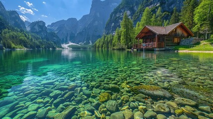 Wall Mural - serene lakeside cabin nestled among pine trees, with clear turquoise water and majestic mountain bac