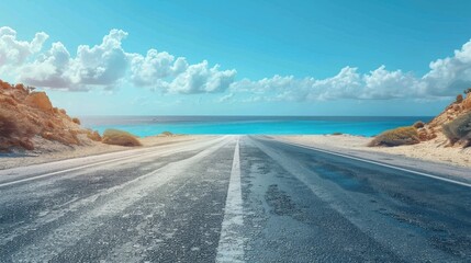 Wall Mural - a scenic road leading to a beautiful ocean horizon under a clear blue sky with fluffy white clouds, 