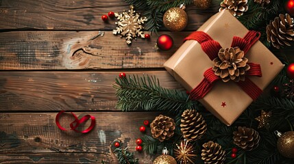 Wall Mural - christmas gift box with a pine cone, red ribbon, and festive decorations on a wooden table with pine