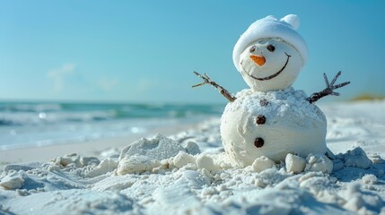 Wall Mural - a creative snowman made of sand on a beach, wearing a white hat and smiling, against a backdrop of t