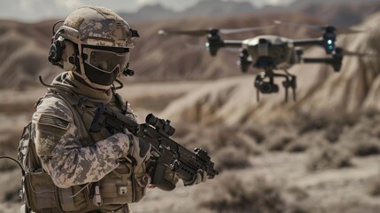 Wall Mural - A soldier is standing in the desert with a rifle and a drone is flying above him