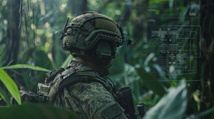 Wall Mural - A man in a camouflage uniform is looking at a computer screen