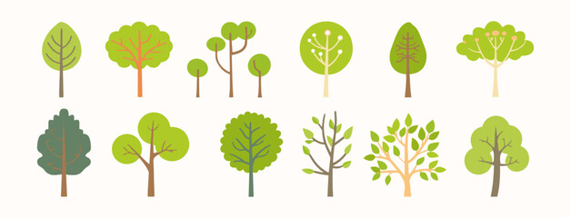 Tree and leaf collection hand drawn flat design element. botanical set of bare trees and ones with leaves and lush limited pastel color