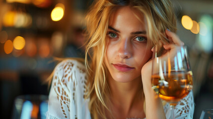 Portrait of pretty girl with drinking problems sitting in bar in front of glass with alcohol. Generative AI