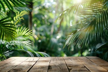 Wall Mural - Wood tabletop counter podium floor in outdoors tropical garden forest blurred green palm leaf plant nature background.Natural product placement pedestal stand display,summer jungle - generative ai