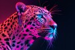 © ArtSpree - close-up of leopard face with neon light glowing background fantasy artwork, generative ai. Beautiful simple AI generated image in 4K, unique.