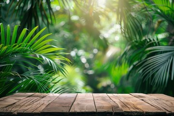 Wall Mural - Wood tabletop counter podium floor in outdoors tropical garden forest blurred green palm leaf plant nature background.Natural product placement pedestal stand display,summer jungle - generative ai