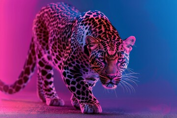 A vibrant, neon-colored leopard stares intensely from behind a backdrop of tropical foliage. Beautiful simple AI generated image in 4K, unique.