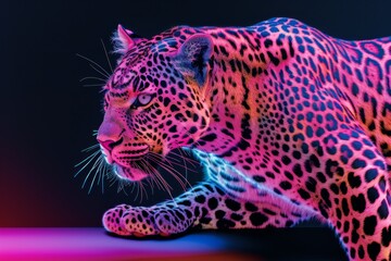 Close-up of a Leopard with Colorful Neon Lights Background. Beautiful simple AI generated image in 4K, unique.