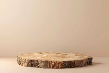 Wall Mural - Wooden eco rustic pine tree wood circle disc platform podium on beige background. Minimal empty display product presentation scene - generative ai