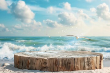 Poster - Wooden pedestal of free space for your decoration and summer landscape of beach - generative ai