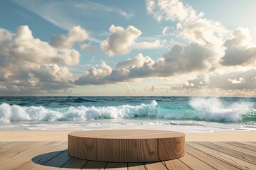 Poster - Wooden pedestal of free space for your decoration and summer landscape of beach - generative ai