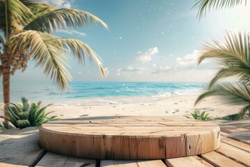 Poster - Wooden pedestal of free space for your decoration and summer landscape of beach - generative ai